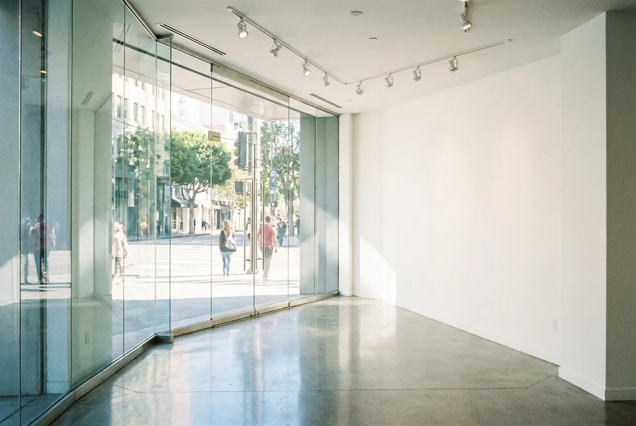 Empty retail space after post-construction cleaning with a spotless glass storefront
